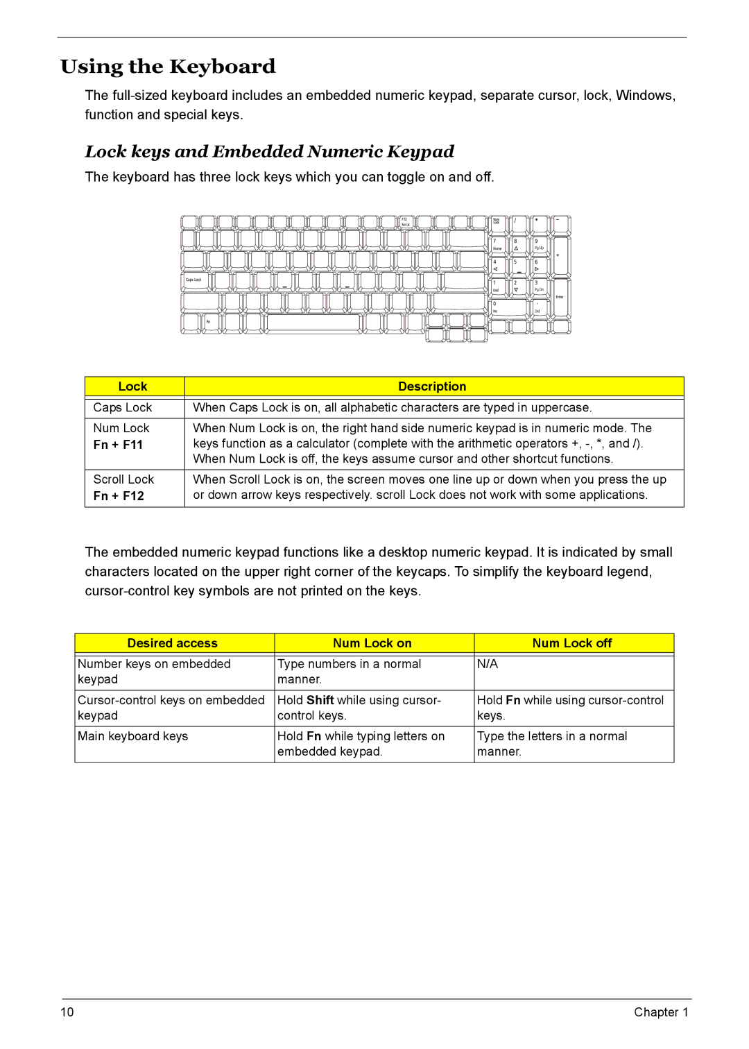 Acer 7510 manual Using the Keyboard, Lock keys and Embedded Numeric Keypad 