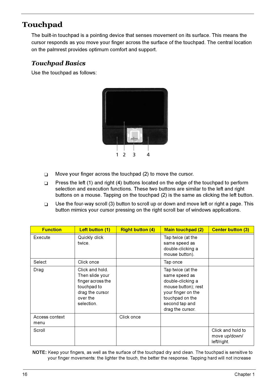 Acer 7510 manual Touchpad Basics 