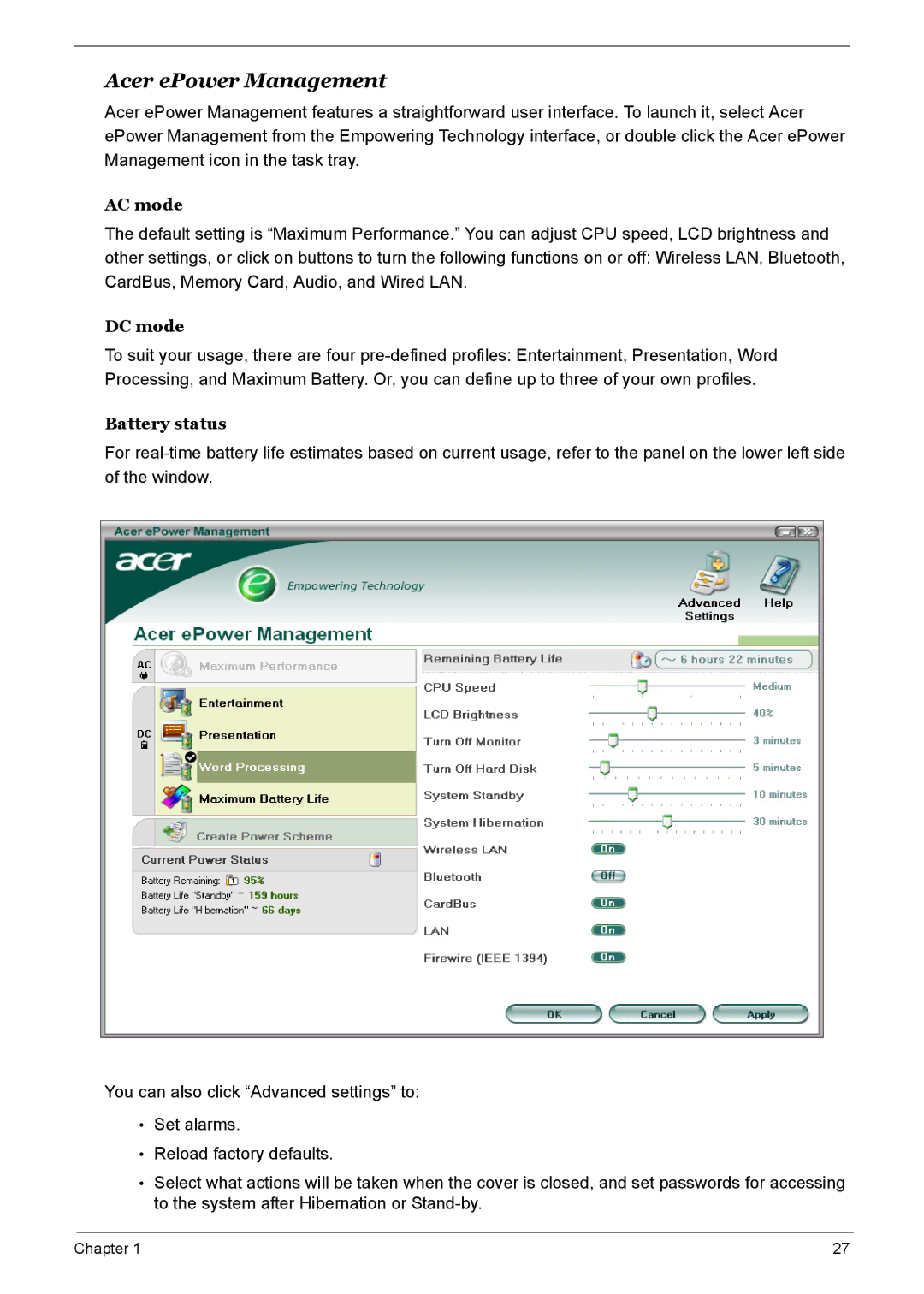 Acer 7510 manual Acer ePower Management, AC mode, DC mode, Battery status 