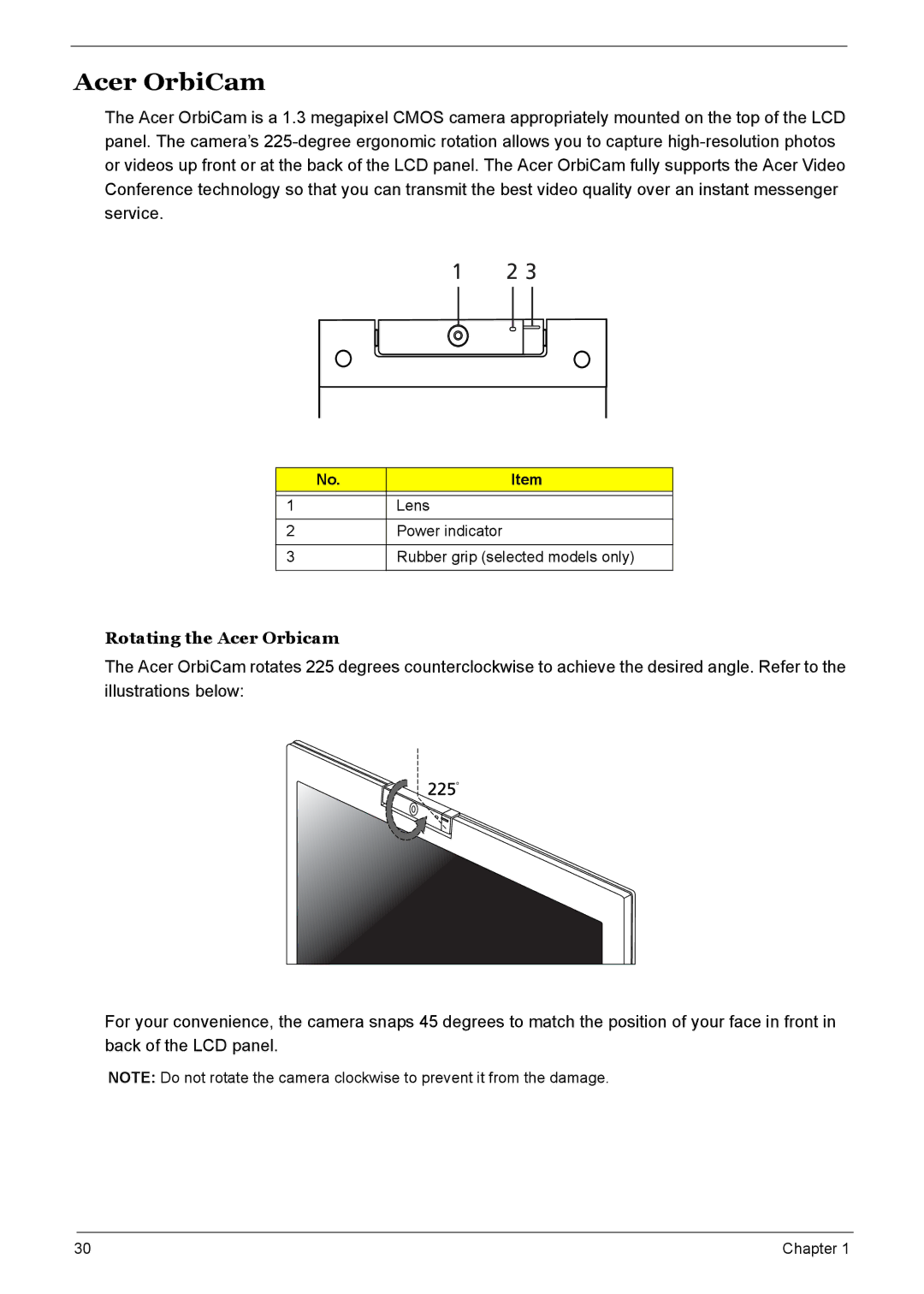 Acer 7510 manual Acer OrbiCam, Rotating the Acer Orbicam 