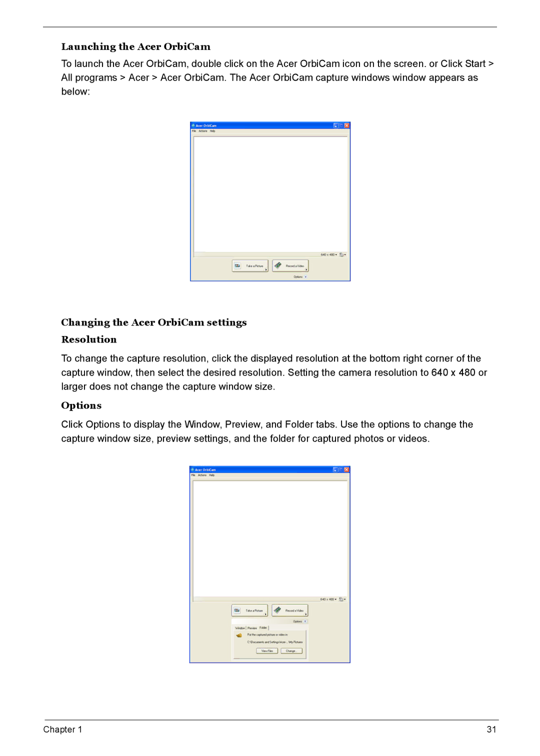 Acer 7510 manual Launching the Acer OrbiCam, Changing the Acer OrbiCam settings Resolution, Options 