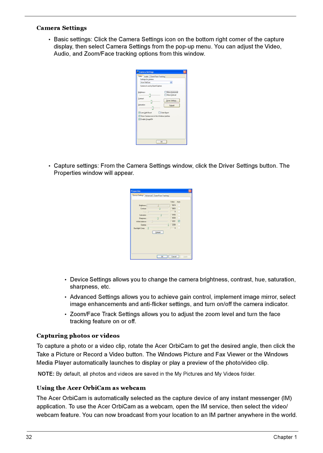 Acer 7510 manual Camera Settings, Capturing photos or videos, Using the Acer OrbiCam as webcam 