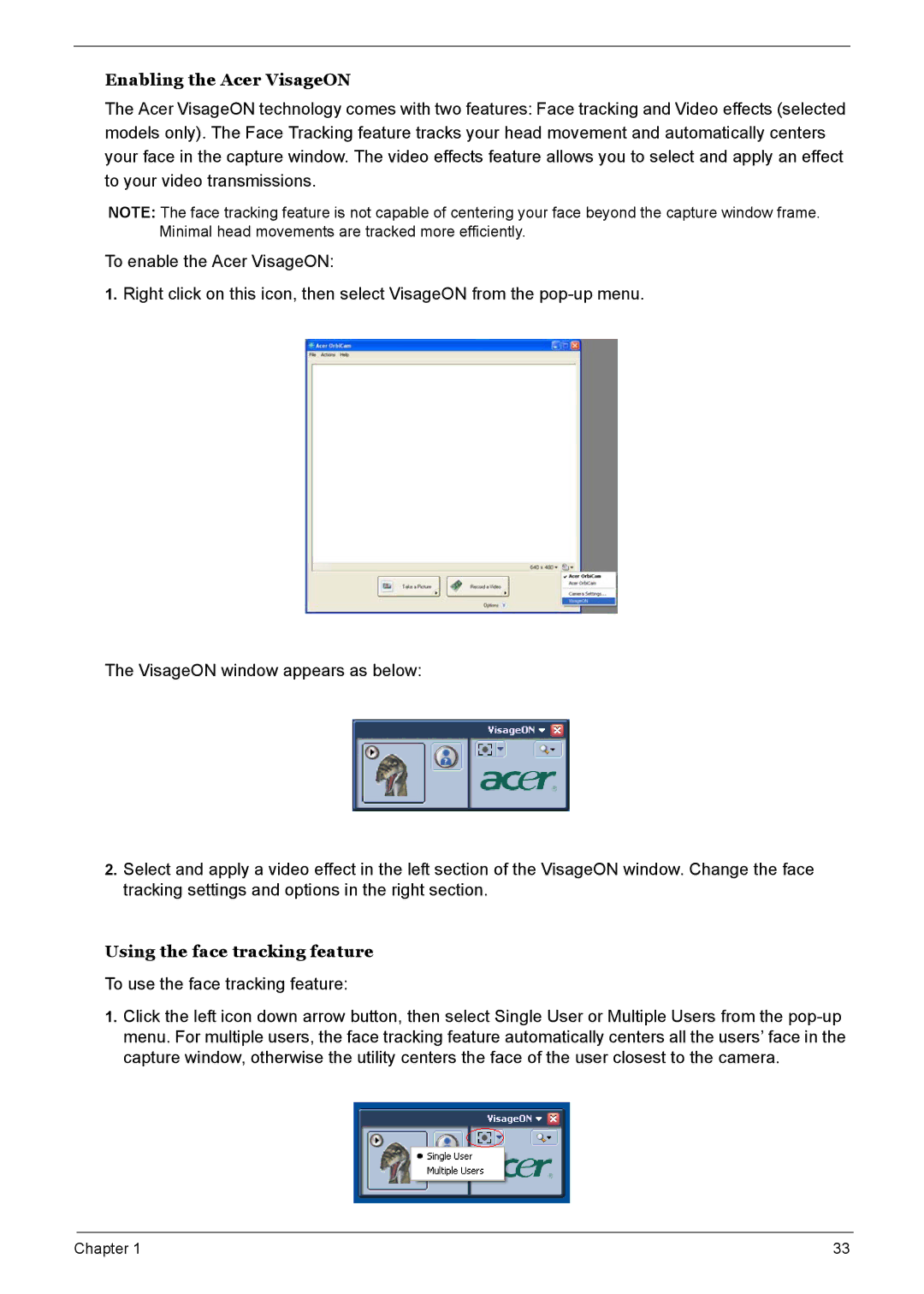 Acer 7510 manual Enabling the Acer VisageON, Using the face tracking feature 