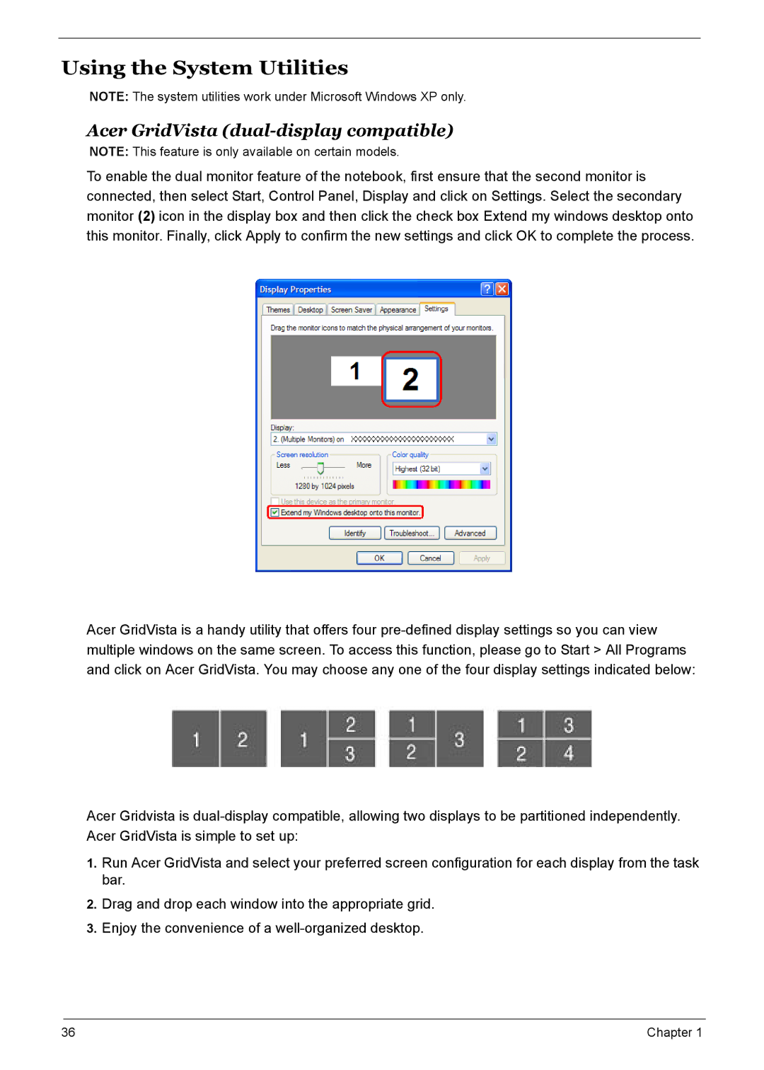 Acer 7510 manual Using the System Utilities, Acer GridVista dual-display compatible 