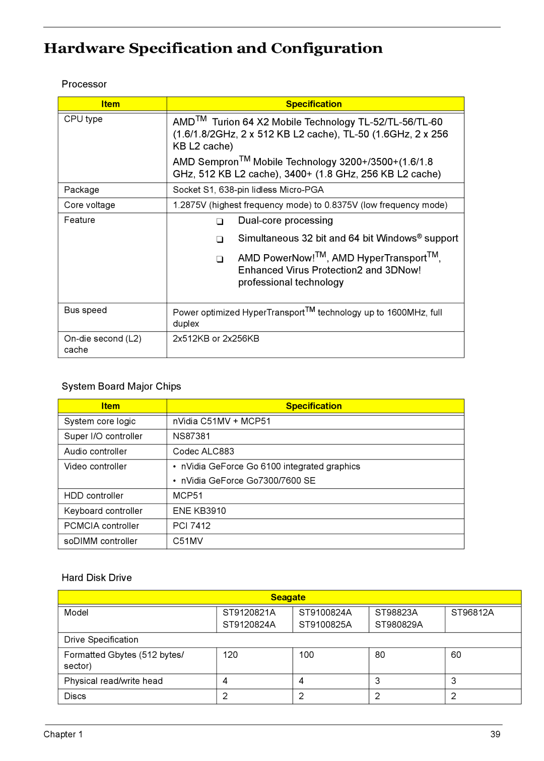 Acer 7510 manual Hardware Specification and Configuration, Processor, System Board Major Chips, Hard Disk Drive 