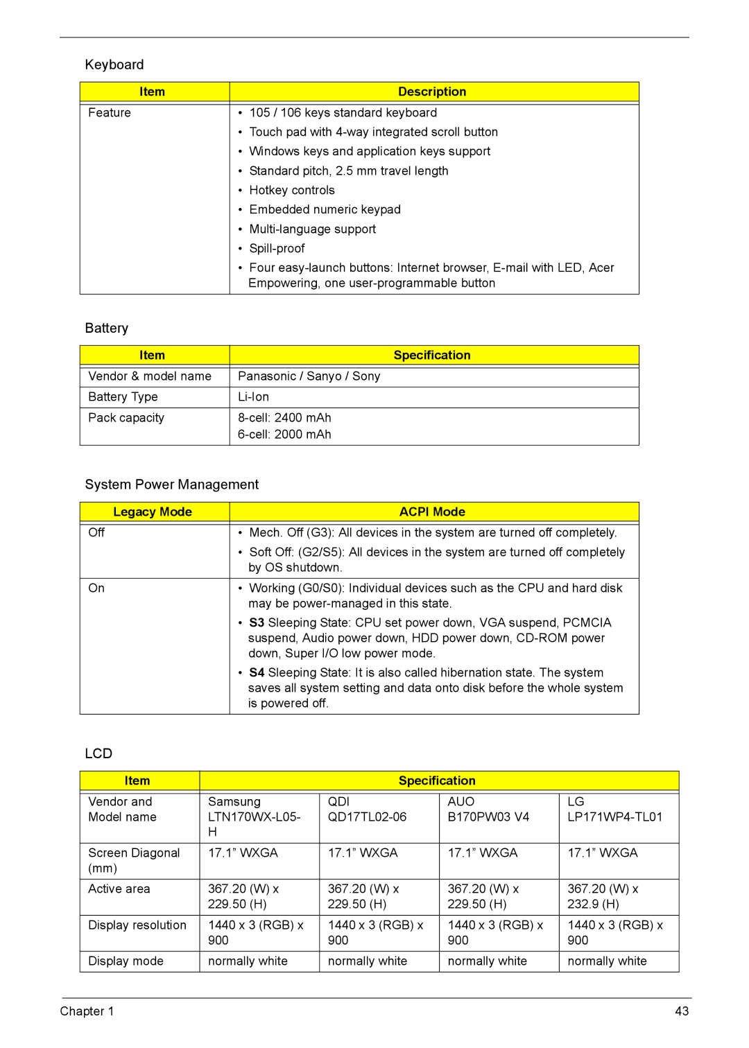 Acer 7510 manual Battery, System Power Management, Legacy Mode Acpi Mode 