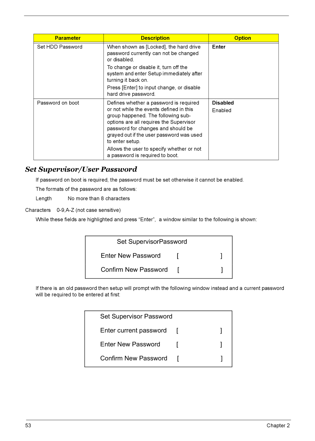 Acer 7510 manual Set Supervisor/User Password, Enter, Disabled 