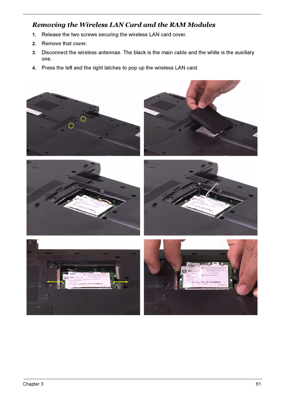 Acer 7510 manual Removing the Wireless LAN Card and the RAM Modules 