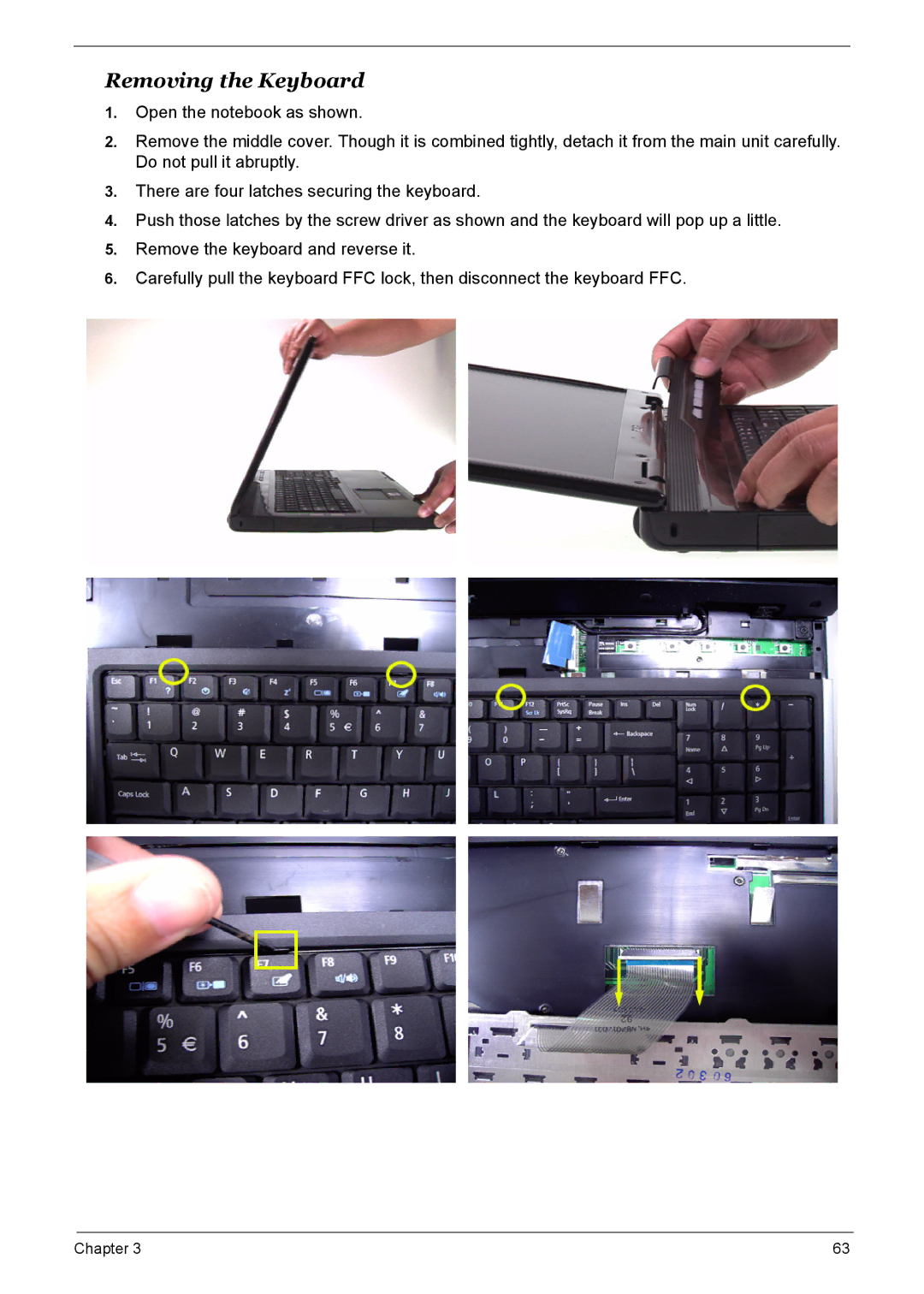 Acer 7510 manual Removing the Keyboard 