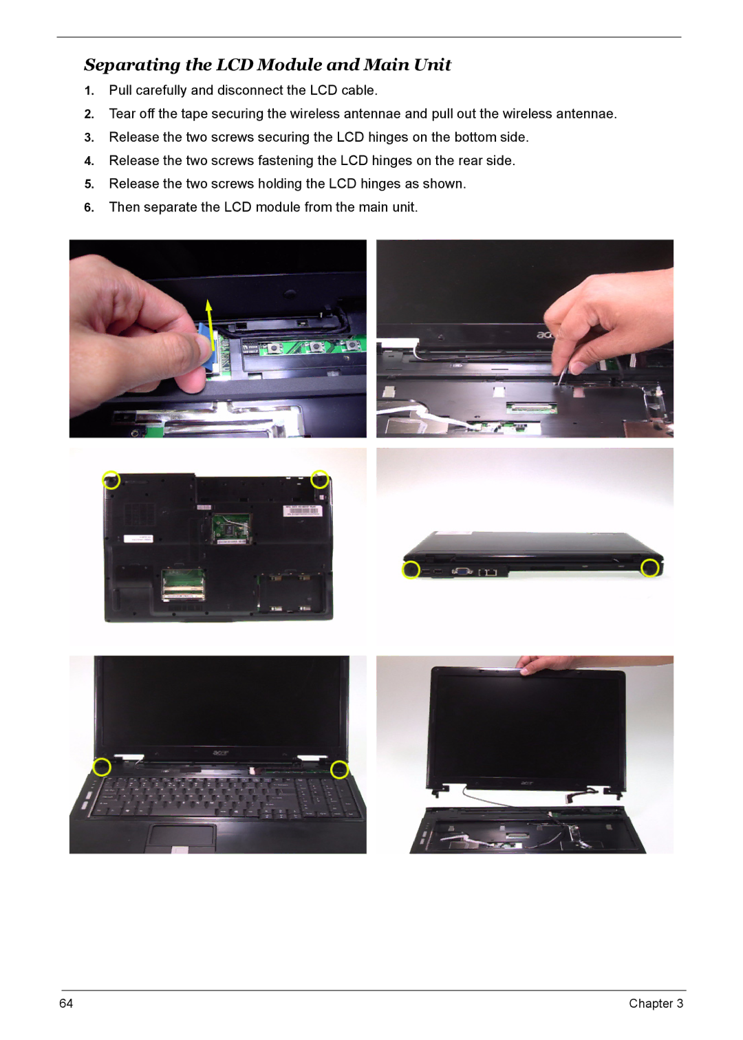 Acer 7510 manual Separating the LCD Module and Main Unit 