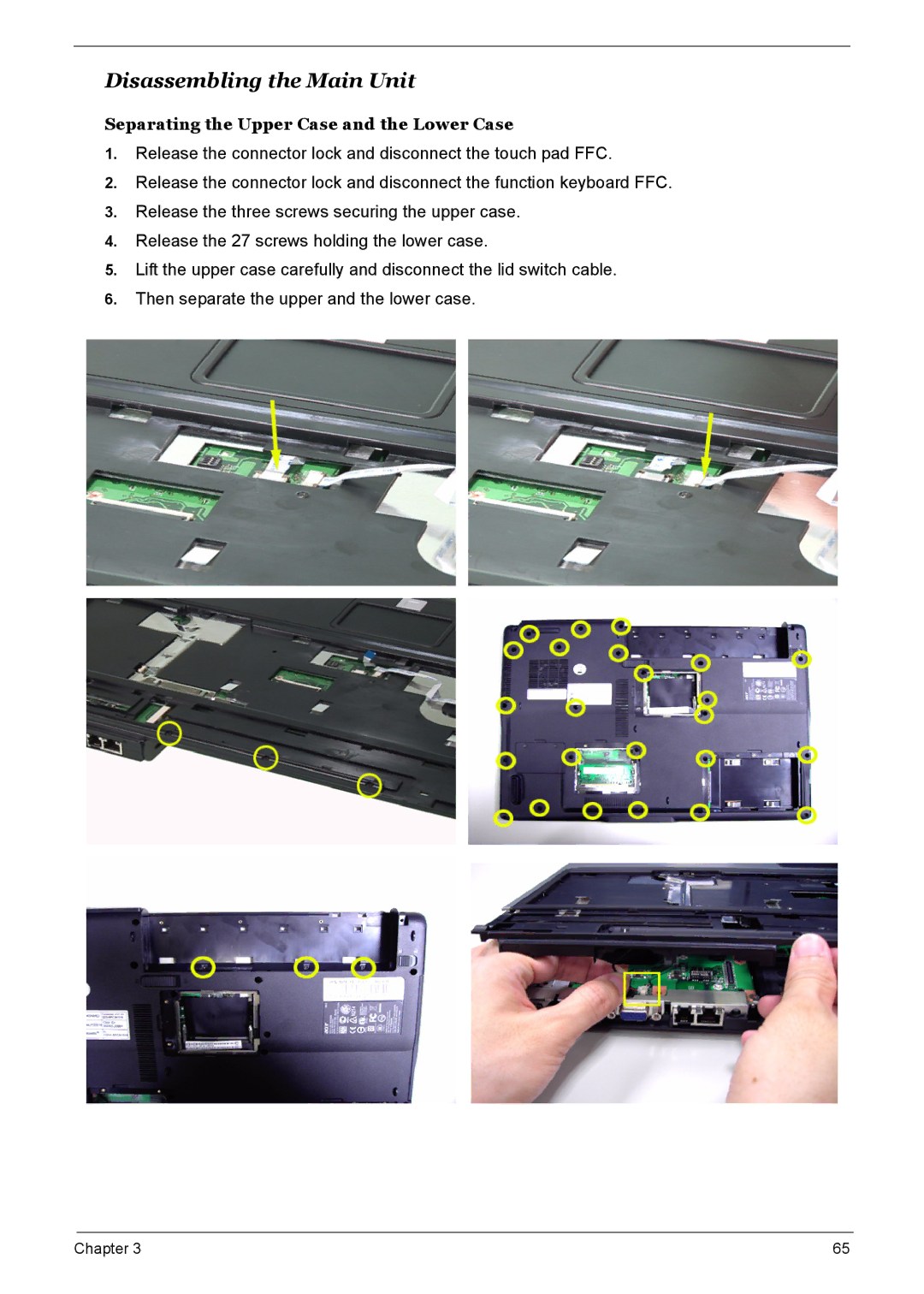 Acer 7510 manual Disassembling the Main Unit, Separating the Upper Case and the Lower Case 