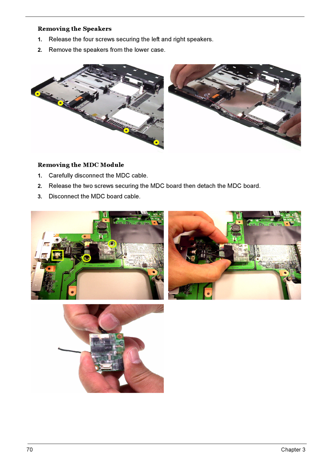 Acer 7510 manual Removing the Speakers, Removing the MDC Module 