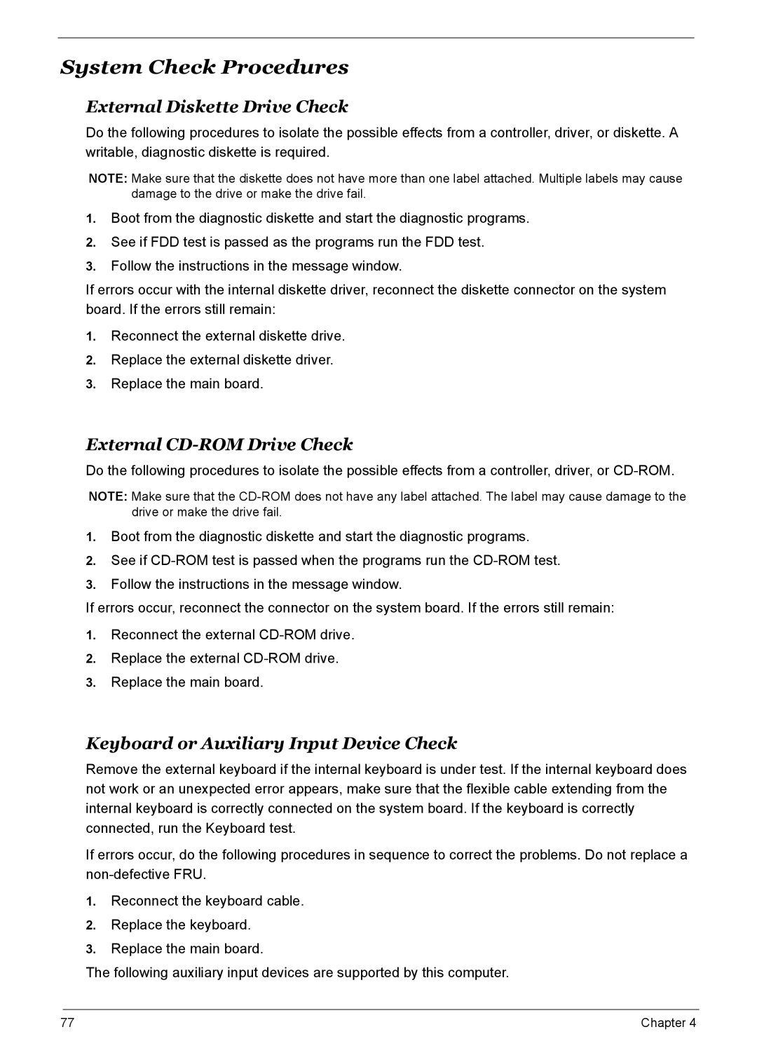 Acer 7510 manual System Check Procedures, External Diskette Drive Check, External CD-ROM Drive Check 