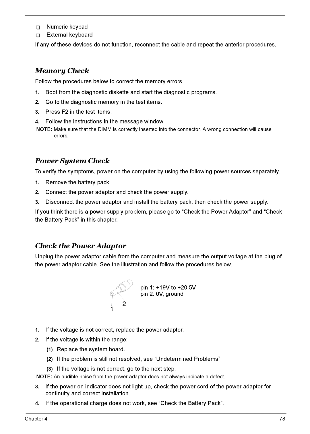 Acer 7510 manual Memory Check, Power System Check, Check the Power Adaptor 