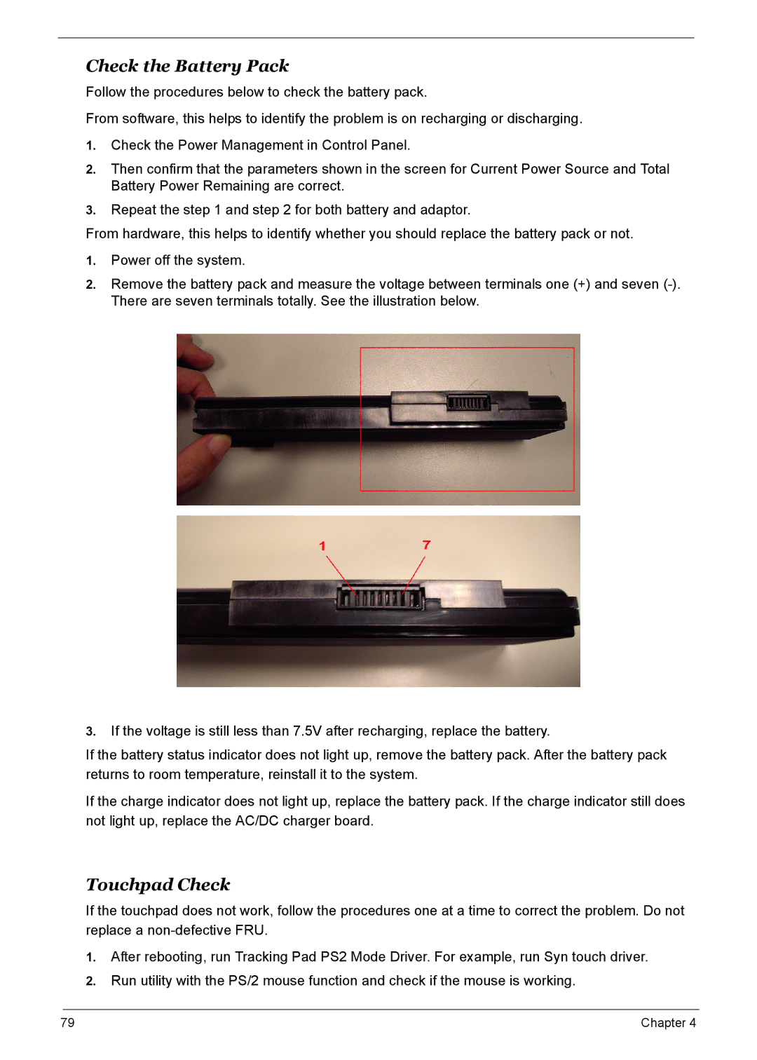 Acer 7510 manual Check the Battery Pack, Touchpad Check 