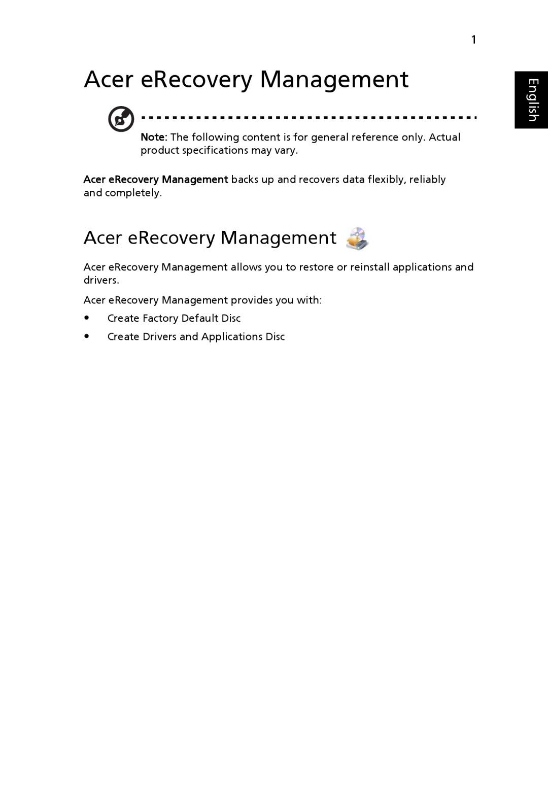 Acer 751H manual Acer eRecovery Management 