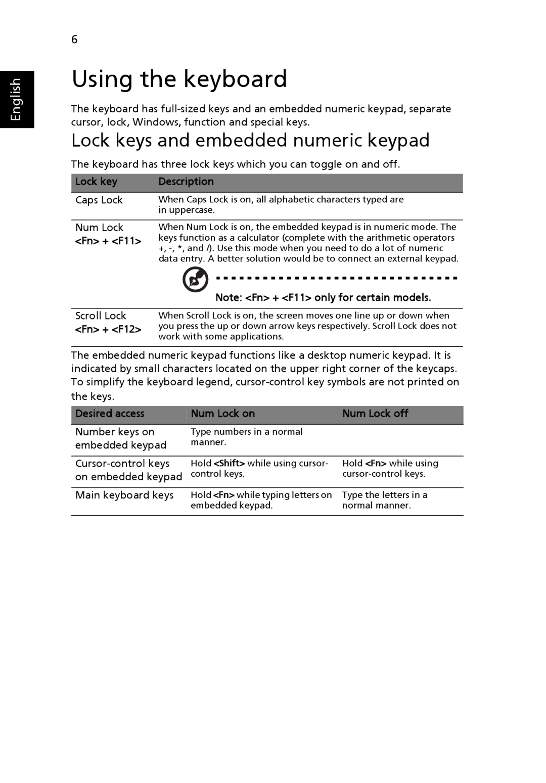 Acer 751H manual Using the keyboard, Lock keys and embedded numeric keypad, Lock key Description, Fn + F11 