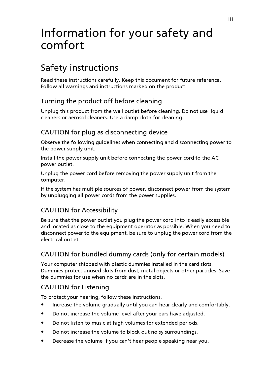 Acer 751H manual Information for your safety and comfort, Safety instructions, Turning the product off before cleaning 