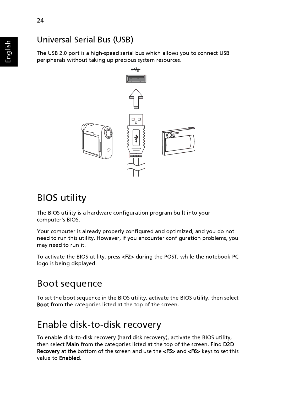 Acer 751H manual Bios utility, Boot sequence, Enable disk-to-disk recovery, Universal Serial Bus USB 