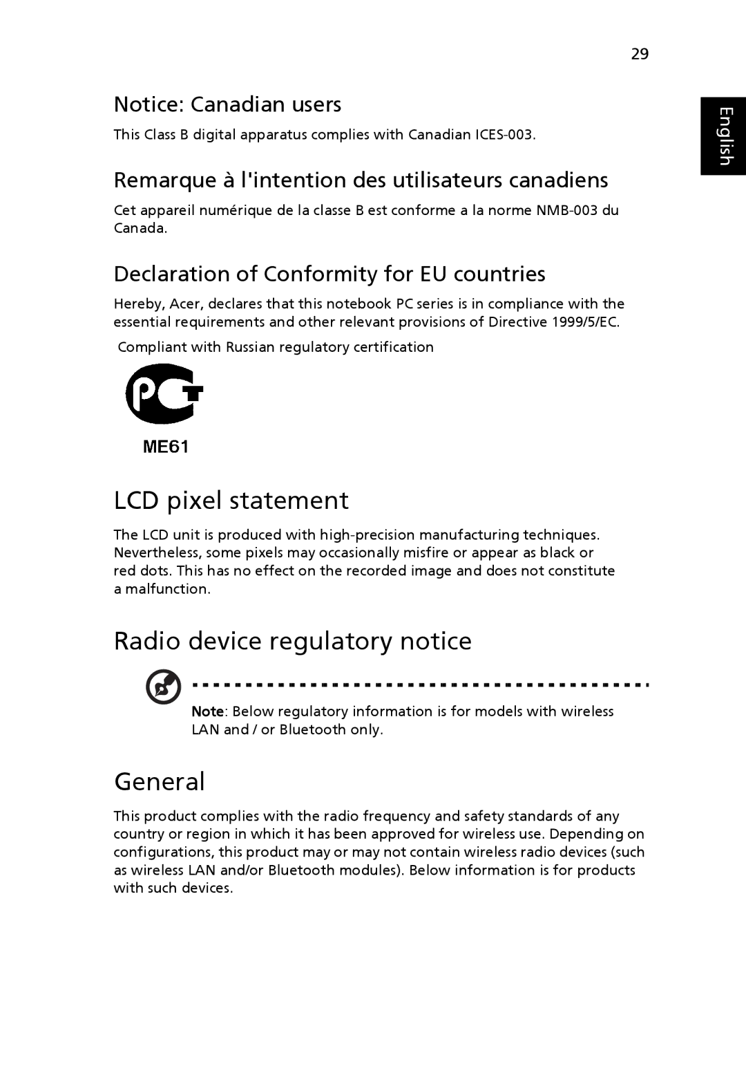 Acer 751H LCD pixel statement, Radio device regulatory notice General, Remarque à lintention des utilisateurs canadiens 