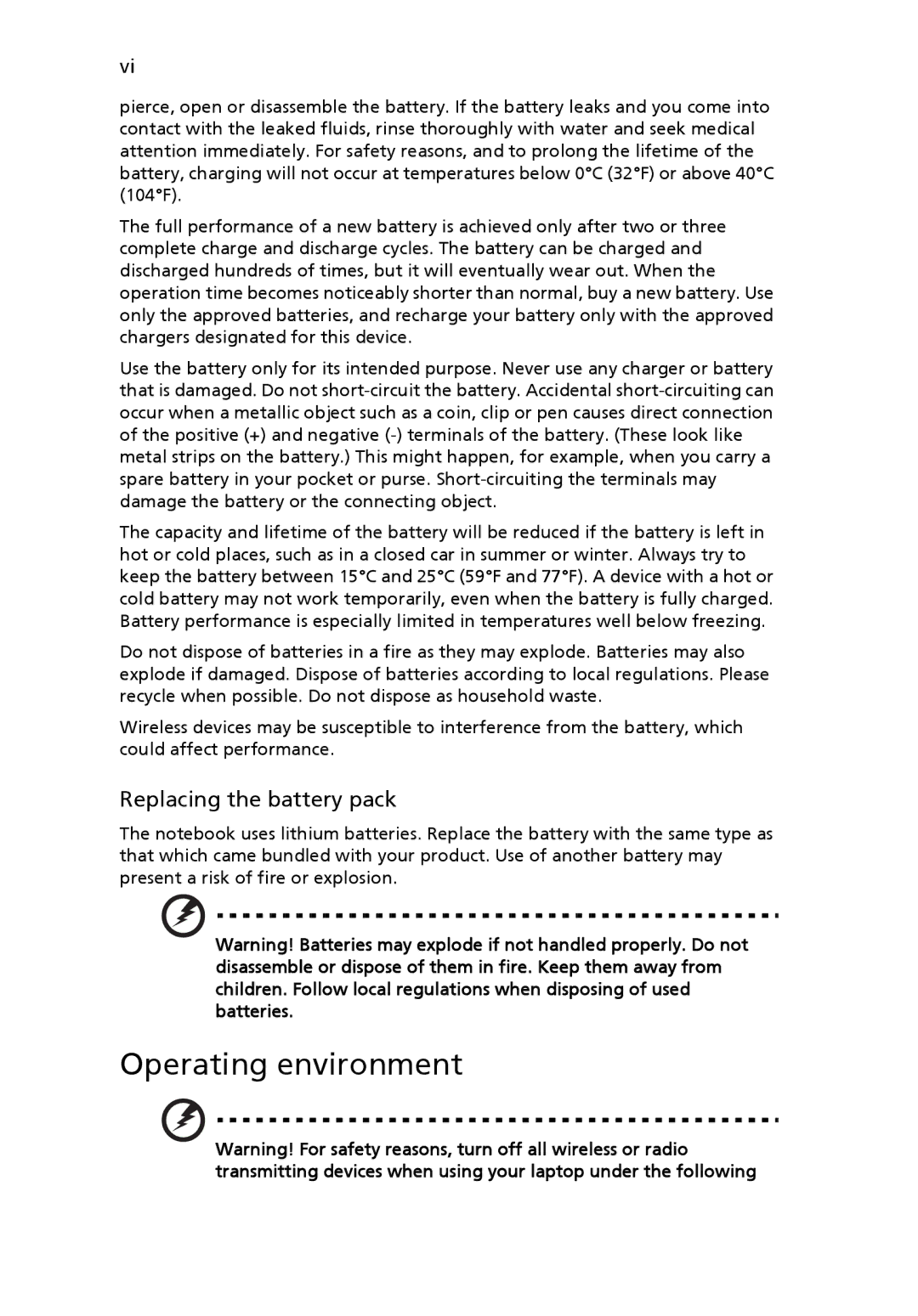 Acer 751H manual Operating environment, Replacing the battery pack 