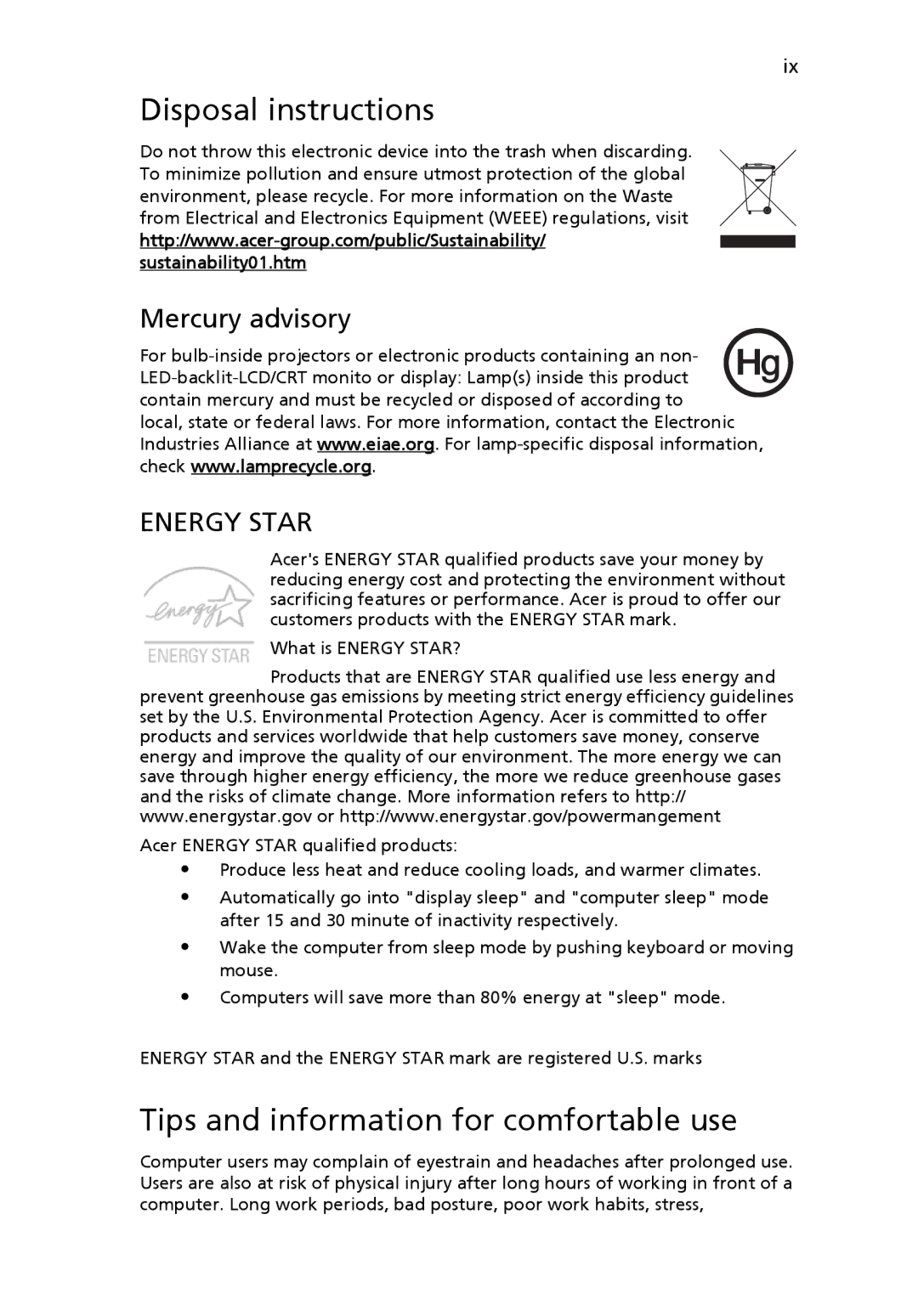 Acer 751H manual Disposal instructions, Tips and information for comfortable use, Mercury advisory 