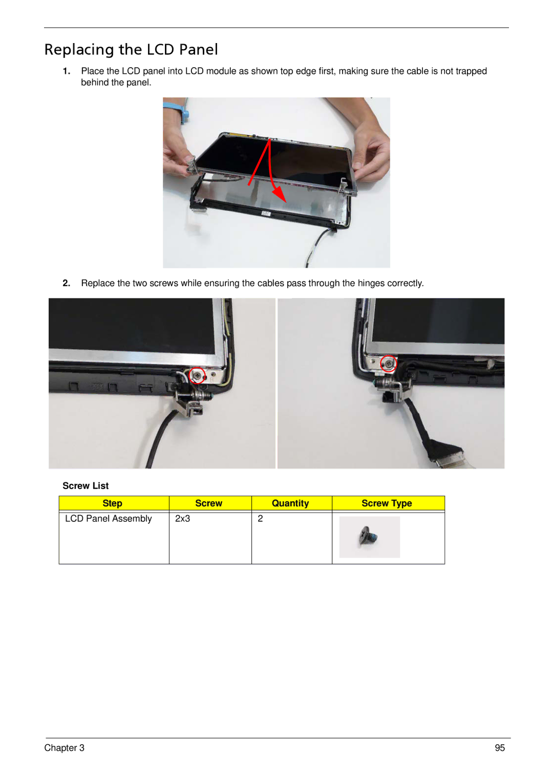 Acer 752, 1810T, 1410 manual Replacing the LCD Panel, Screw List Step Quantity Screw Type LCD Panel Assembly 2x3 