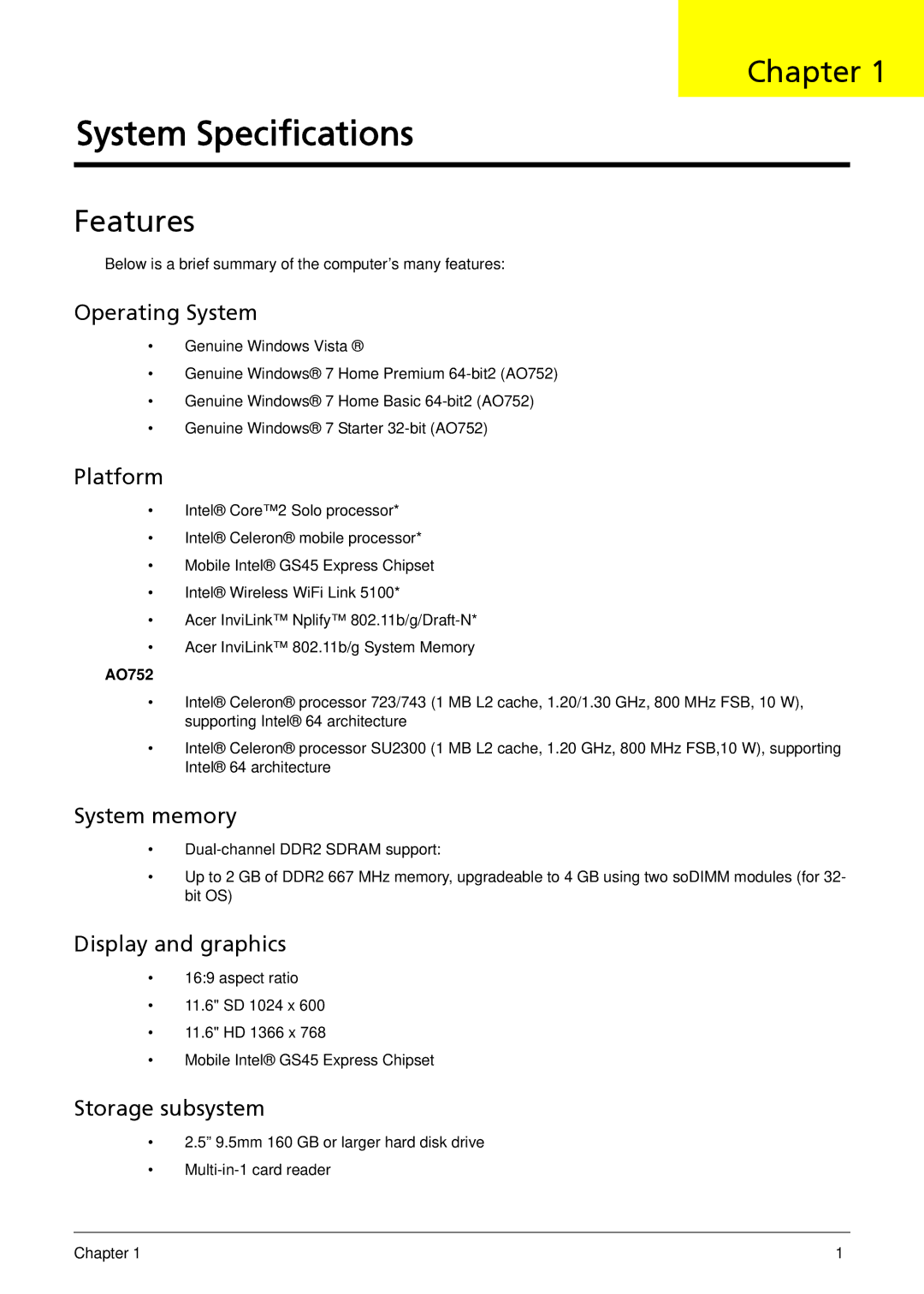 Acer 1410, 752, 1810T manual Chapter, Features 