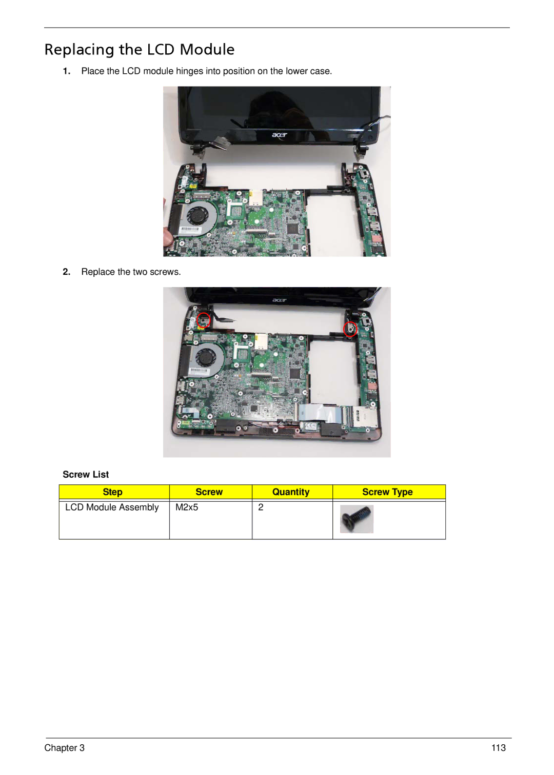 Acer 752, 1810T, 1410 manual Replacing the LCD Module, M2x5 