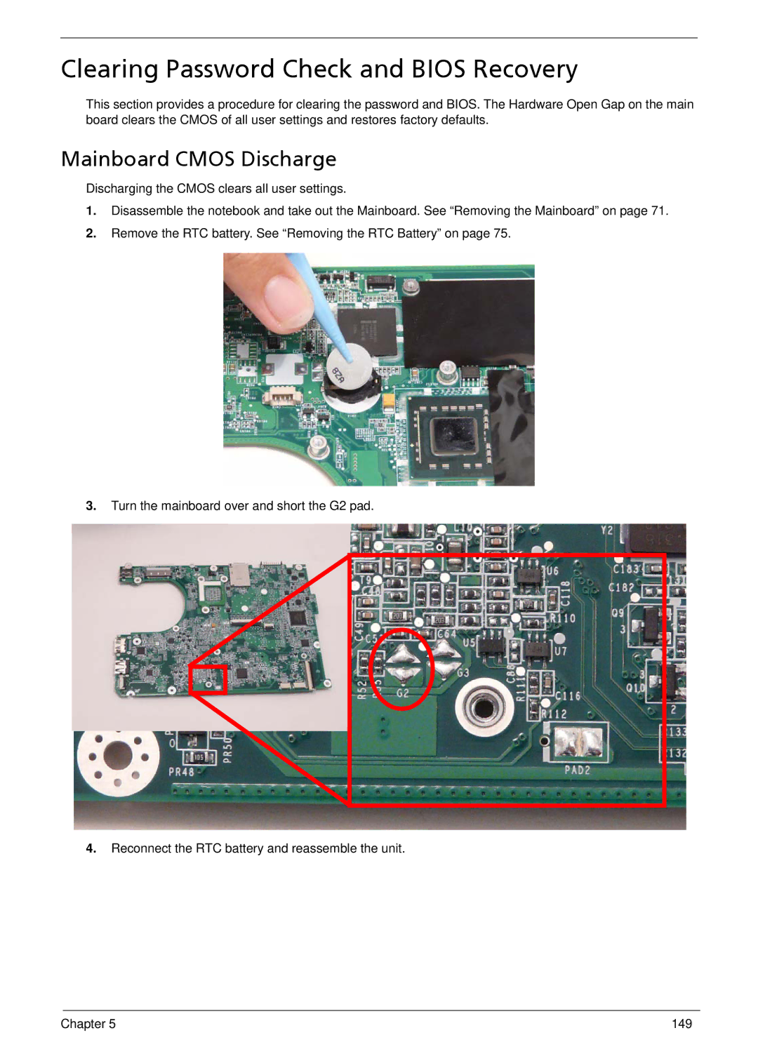 Acer 752, 1810T, 1410 manual Clearing Password Check and Bios Recovery, Mainboard Cmos Discharge 