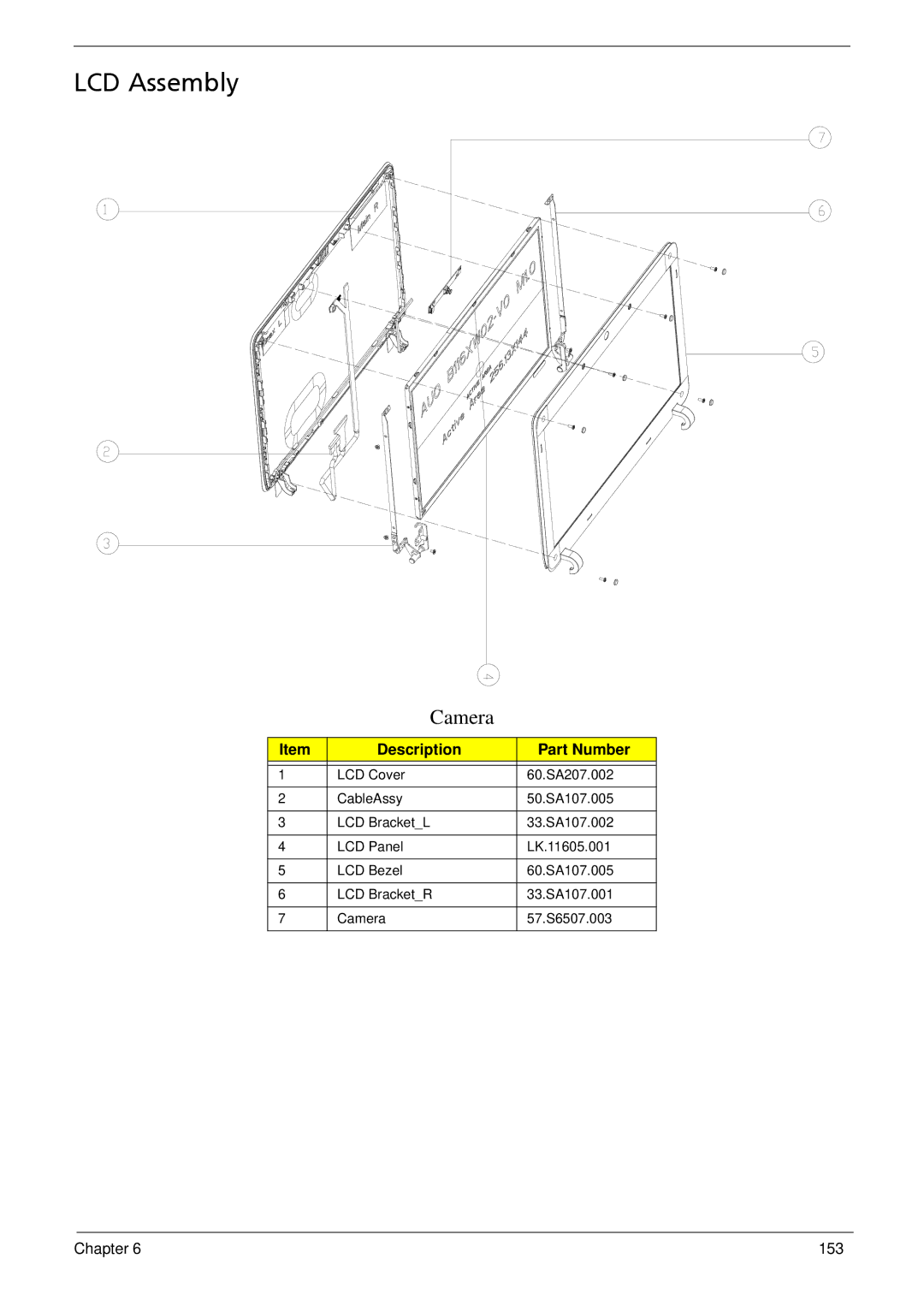 Acer 1810T, 752, 1410 manual LCD Assembly, Camera 