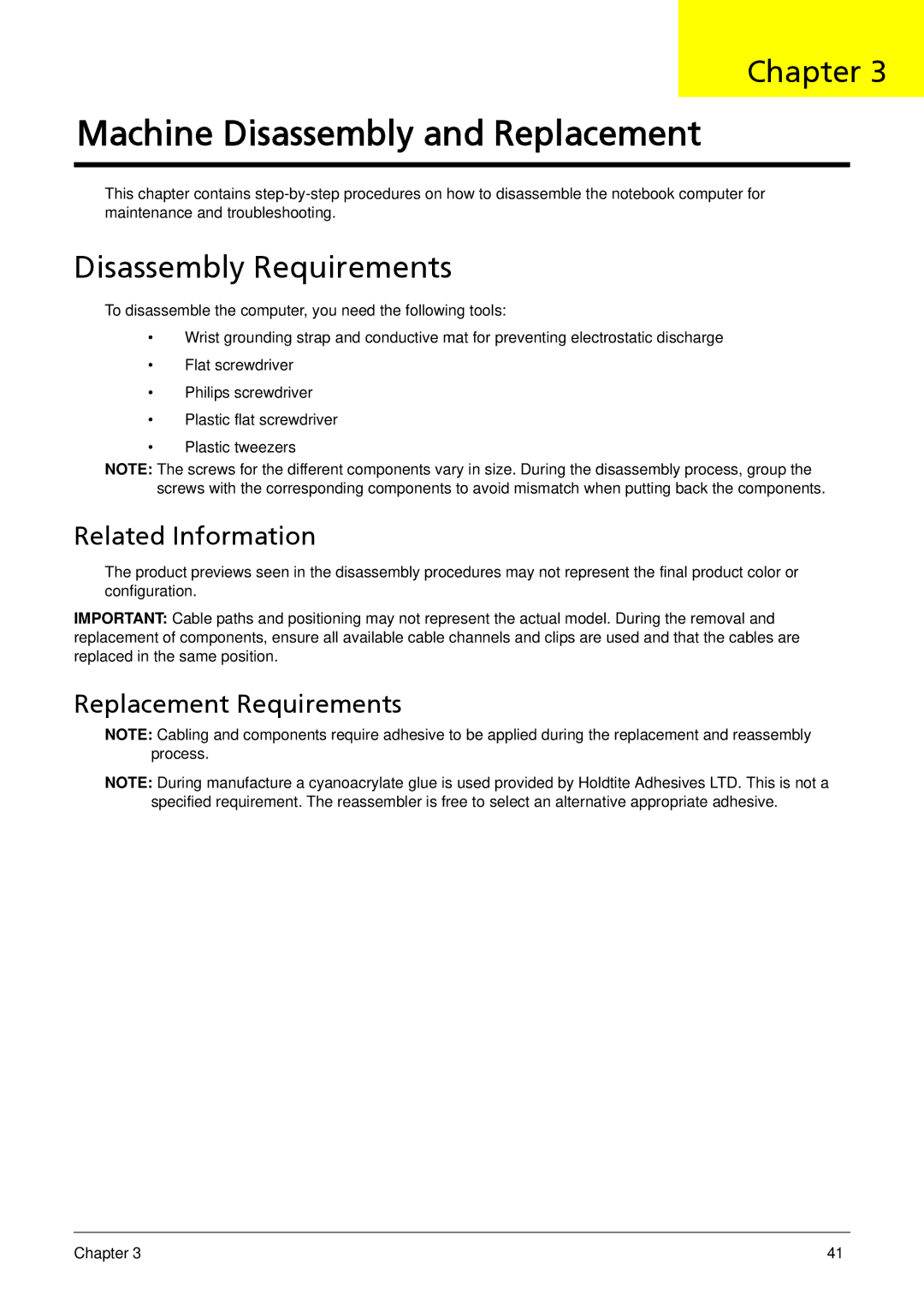 Acer 752, 1810T, 1410 manual Disassembly Requirements, Related Information, Replacement Requirements 