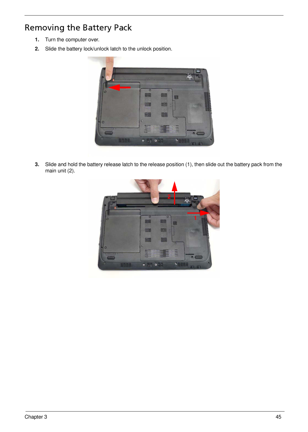 Acer 1810T, 752, 1410 manual Removing the Battery Pack 