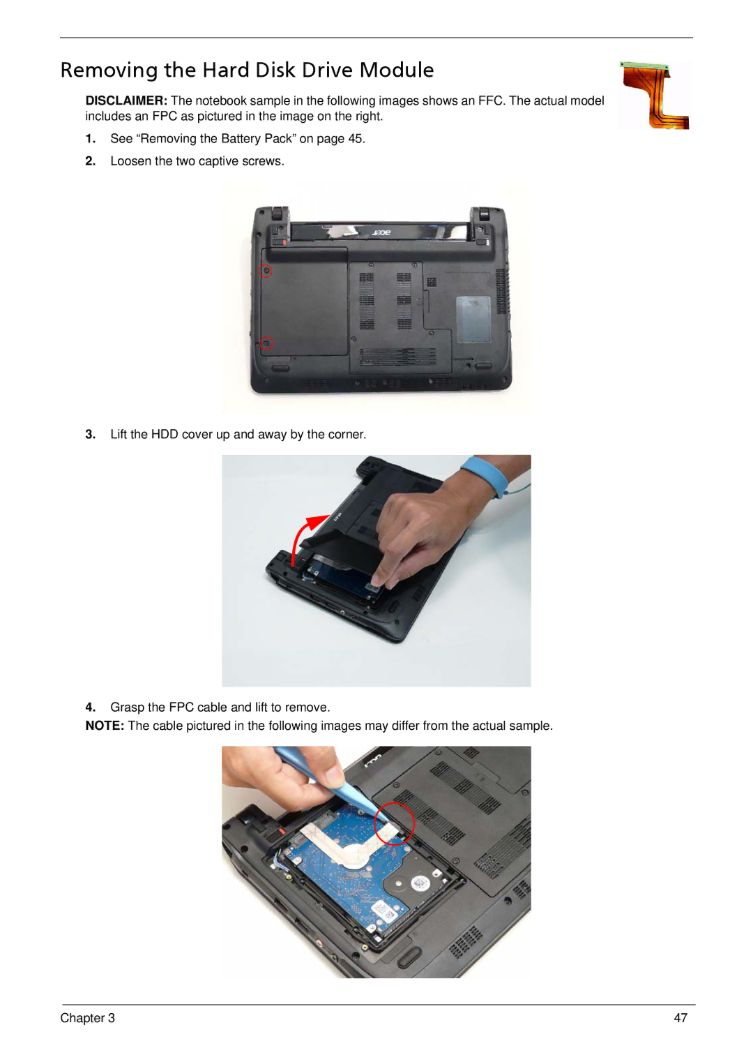 Acer 752, 1810T, 1410 manual Removing the Hard Disk Drive Module 