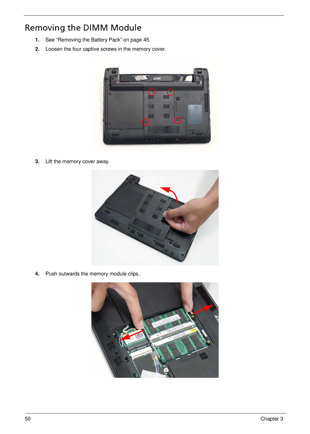 Acer 752, 1810T, 1410 manual Removing the Dimm Module 