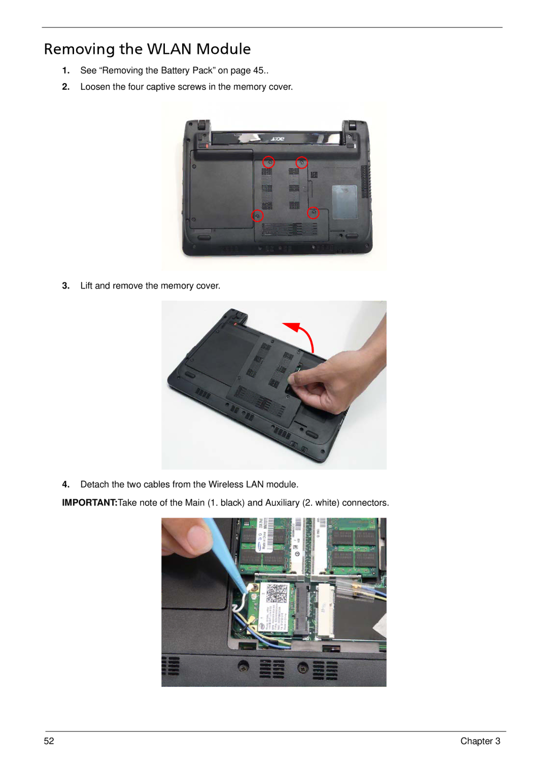 Acer 1410, 752, 1810T manual Removing the Wlan Module 