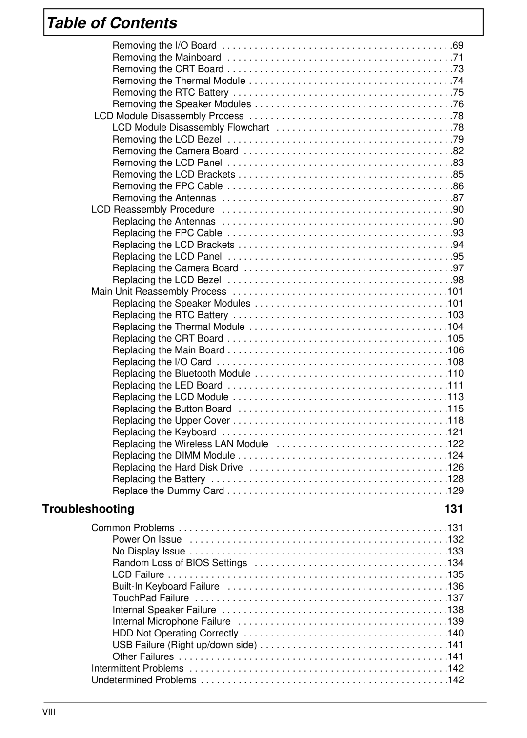 Acer 1410, 752, 1810T manual Troubleshooting 131, Viii 