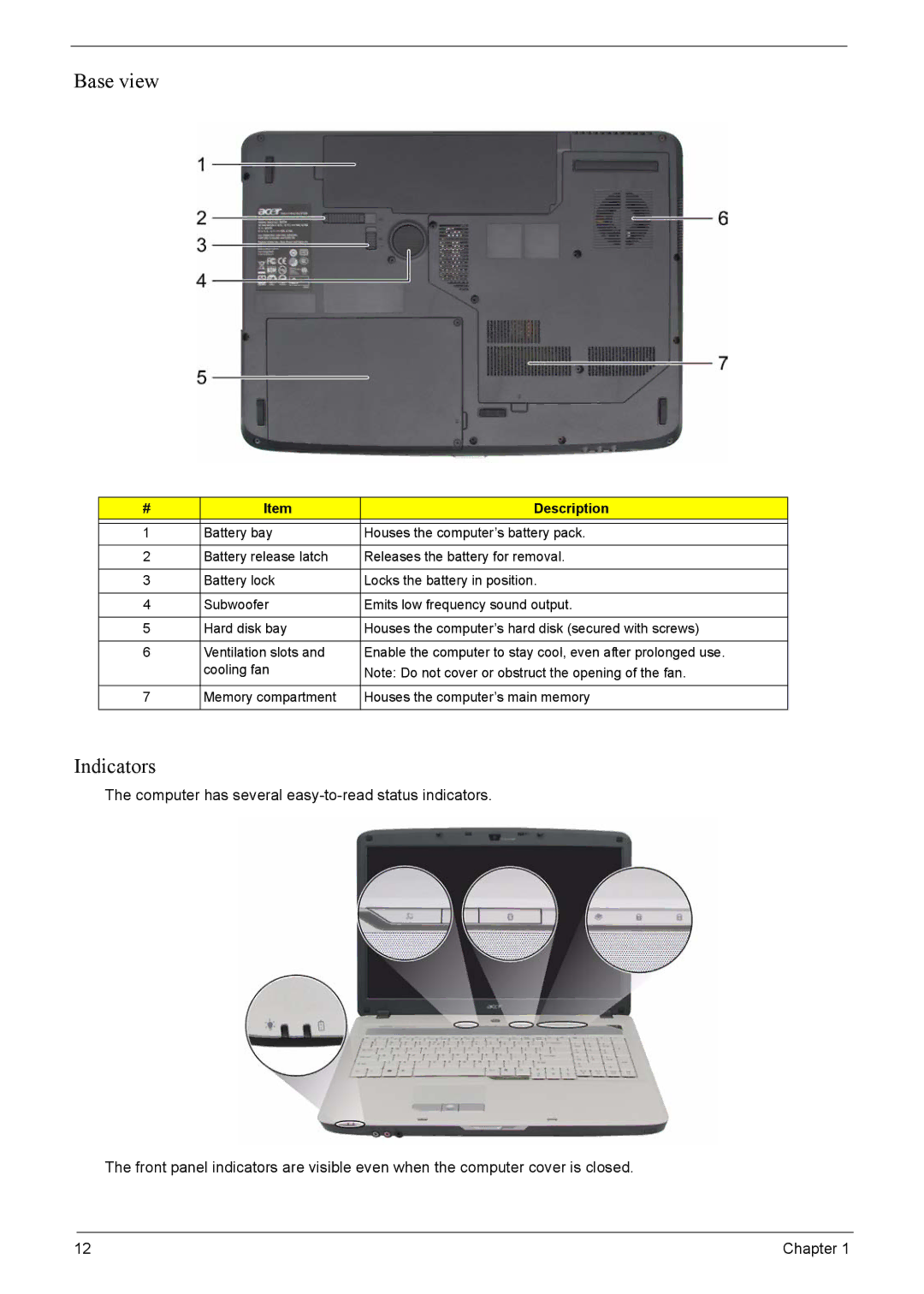 Acer 7520, 7220 manual Base view, Indicators 