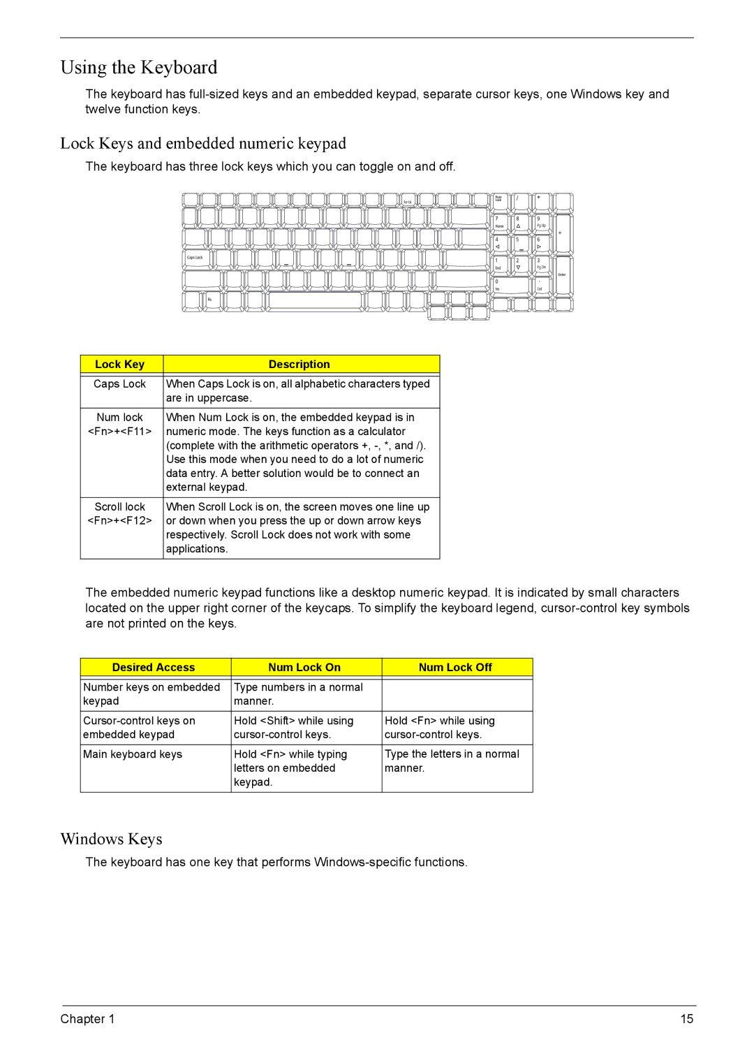 Acer 7220, 7520 manual Using the Keyboard, Lock Keys and embedded numeric keypad, Windows Keys, Lock Key Description 