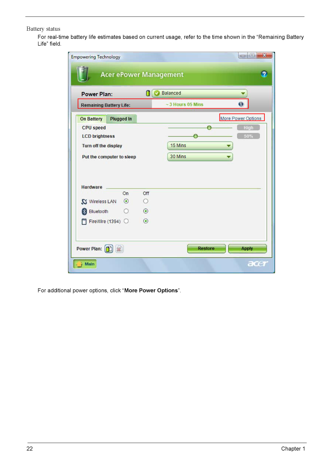 Acer 7520, 7220 manual Battery status 