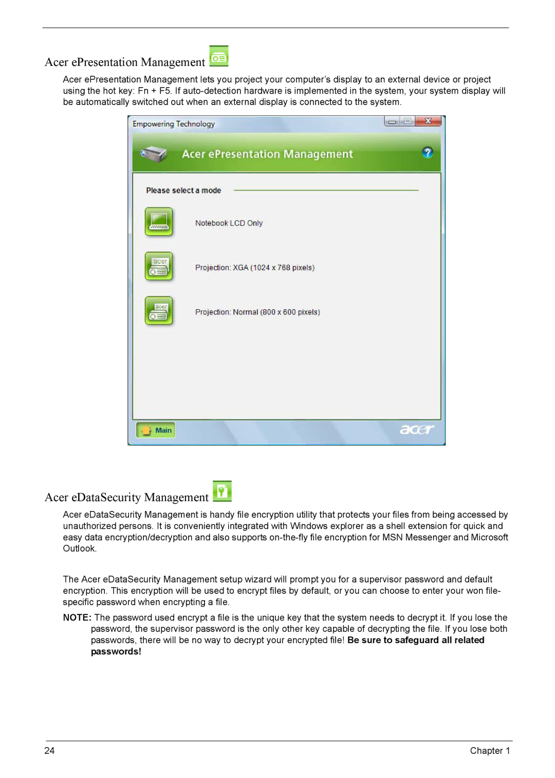 Acer 7520, 7220 manual Acer ePresentation Management, Acer eDataSecurity Management 