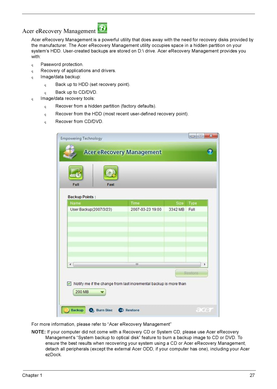 Acer 7220, 7520 manual Acer eRecovery Management 