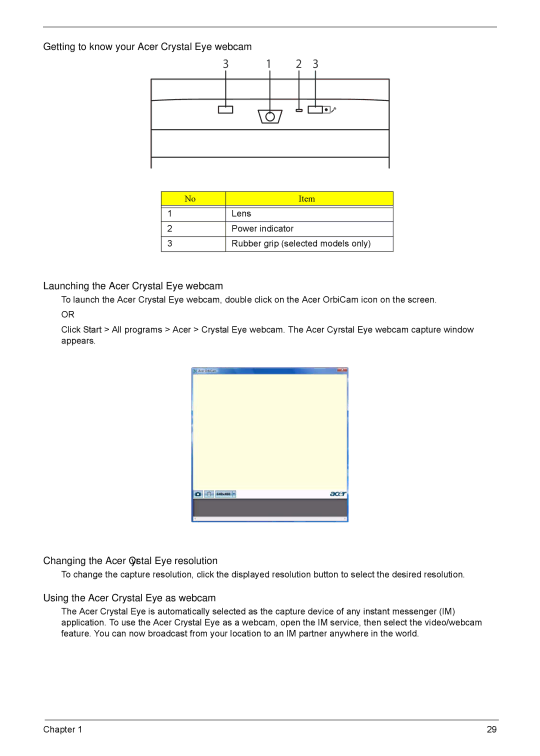 Acer 7220, 7520 manual Getting to know your Acer Crystal Eye webcam 