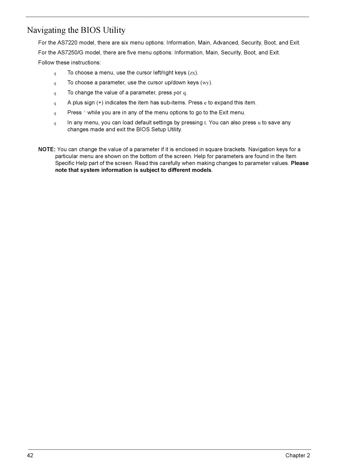 Acer 7520, 7220 manual Navigating the Bios Utility 