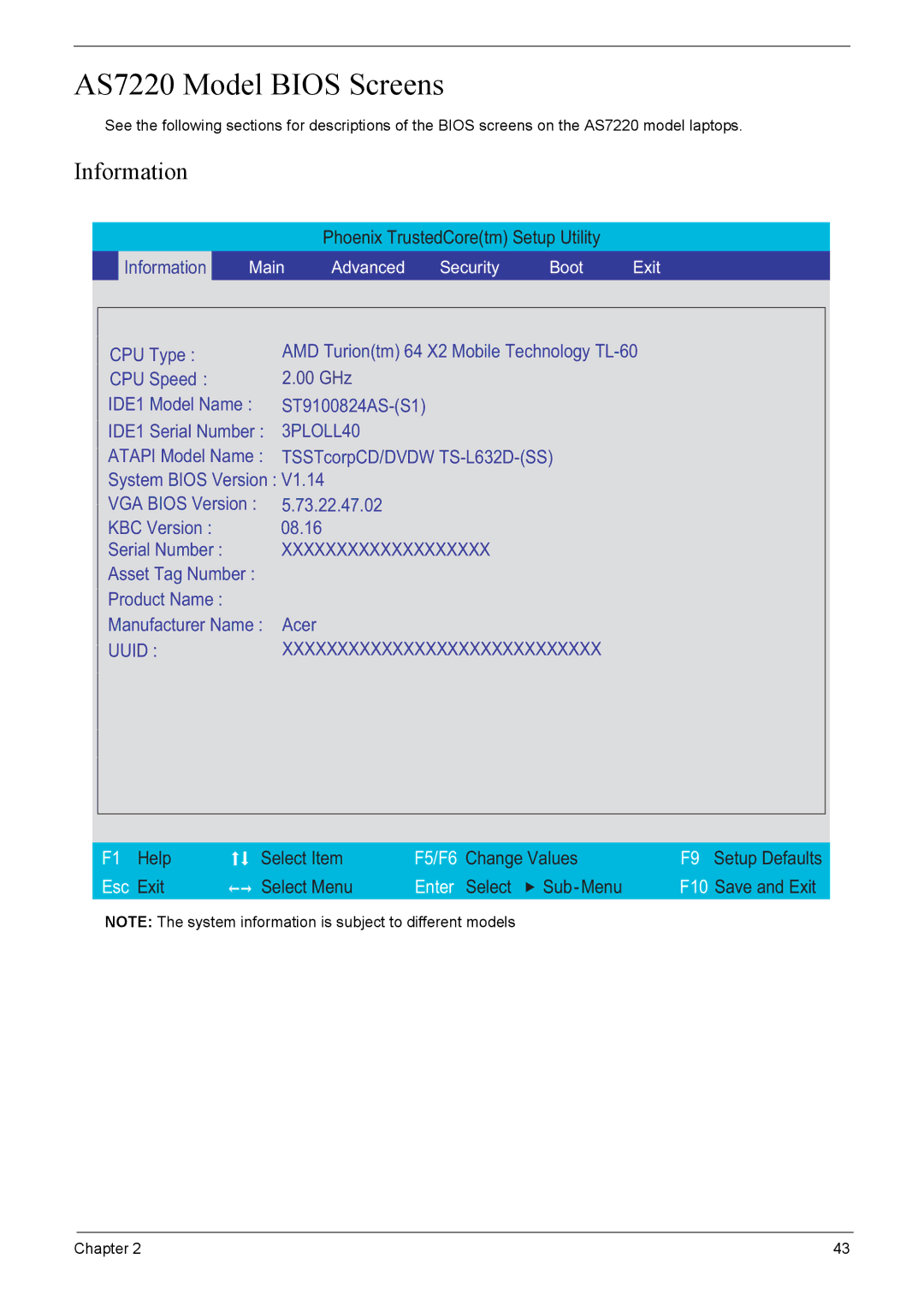 Acer 7520 manual AS7220 Model Bios Screens, Information 