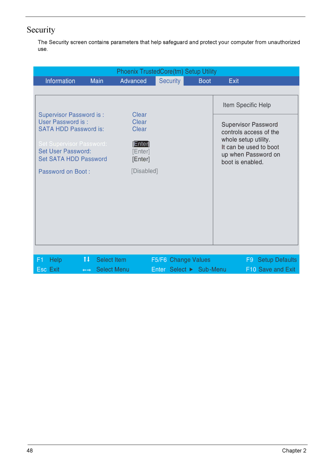 Acer 7520, 7220 manual Security 