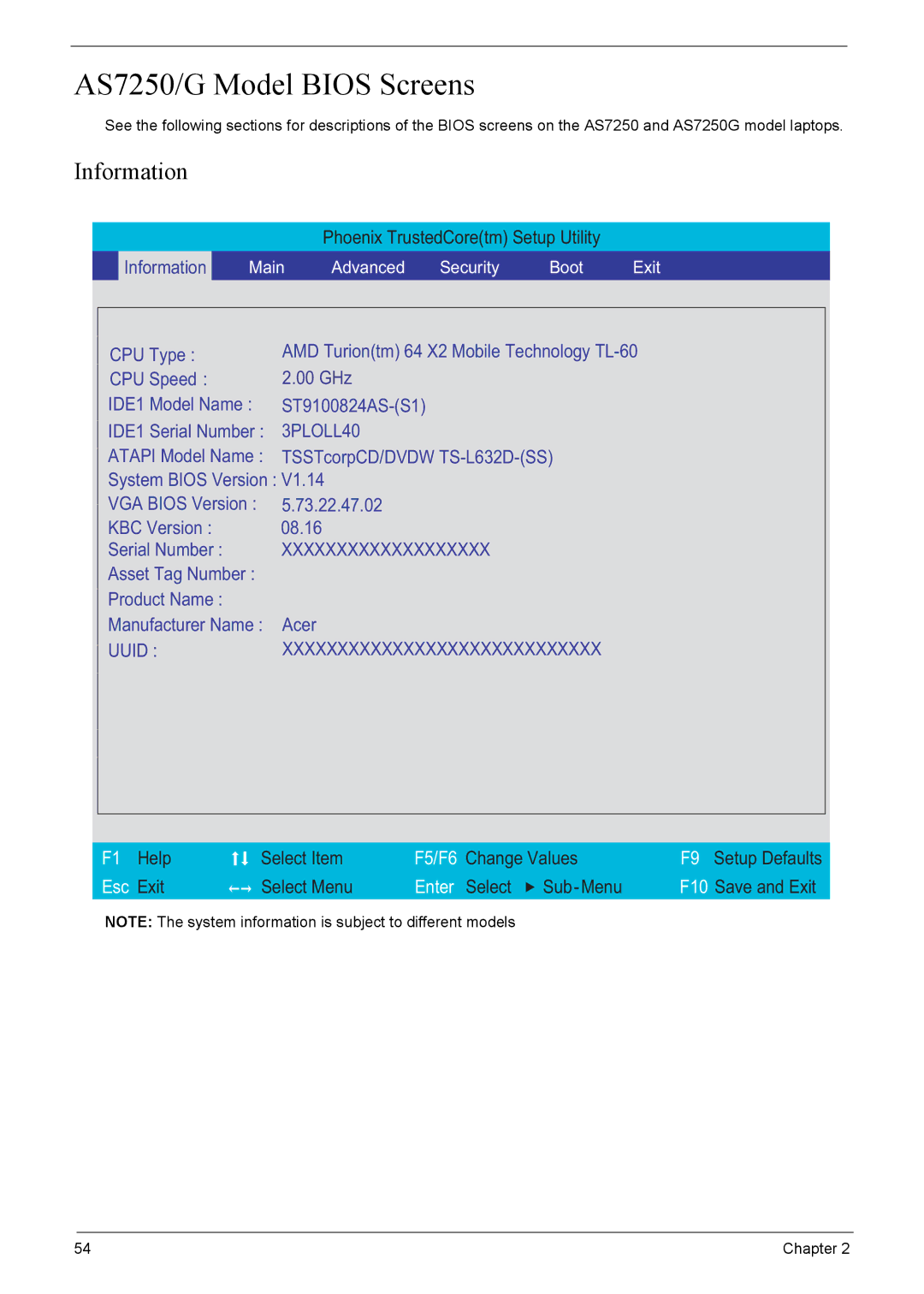 Acer 7520, 7220 manual AS7250/G Model Bios Screens, Information 