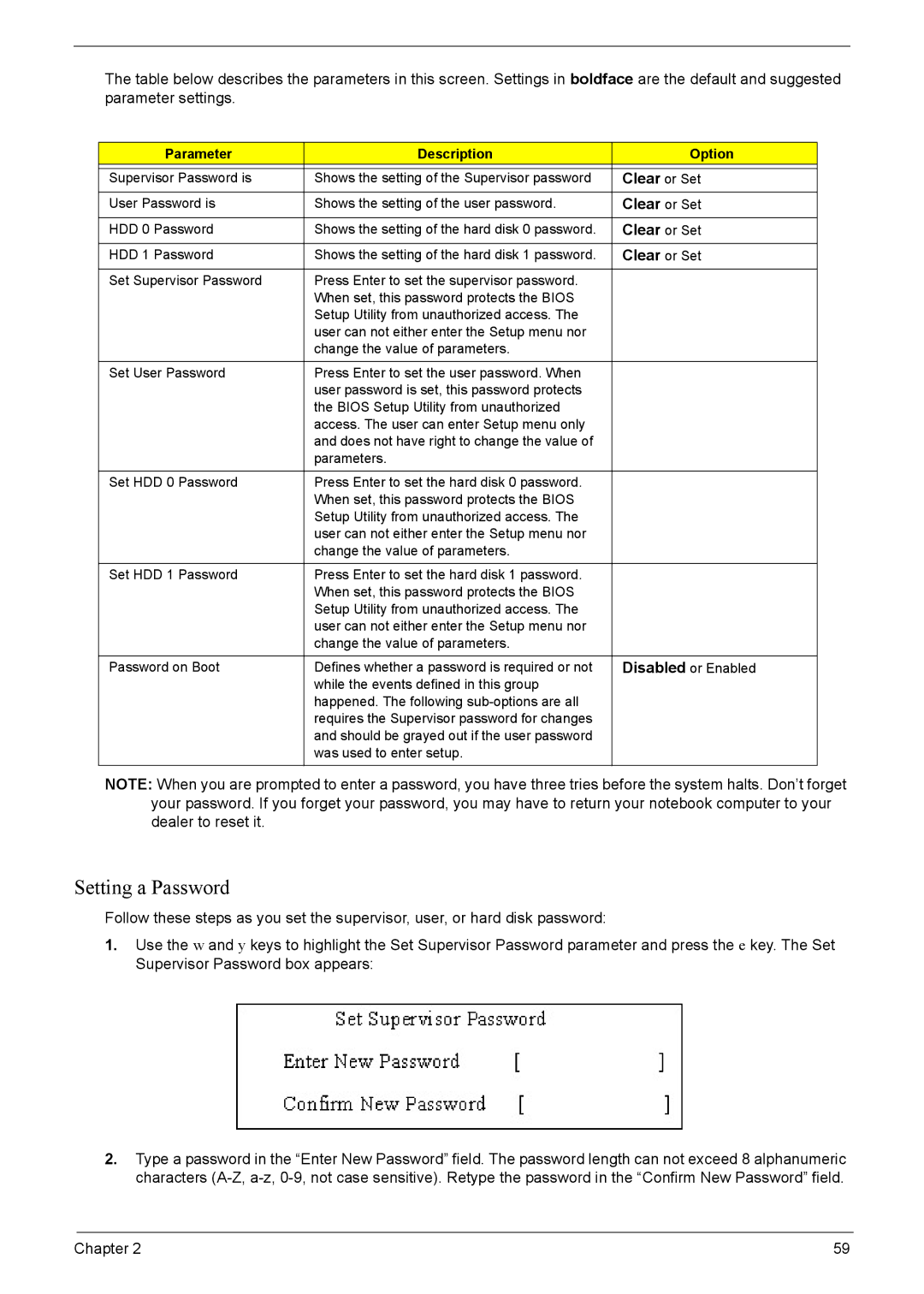 Acer 7220, 7520 manual HDD 0 Password Shows the setting of the hard disk 0 password 