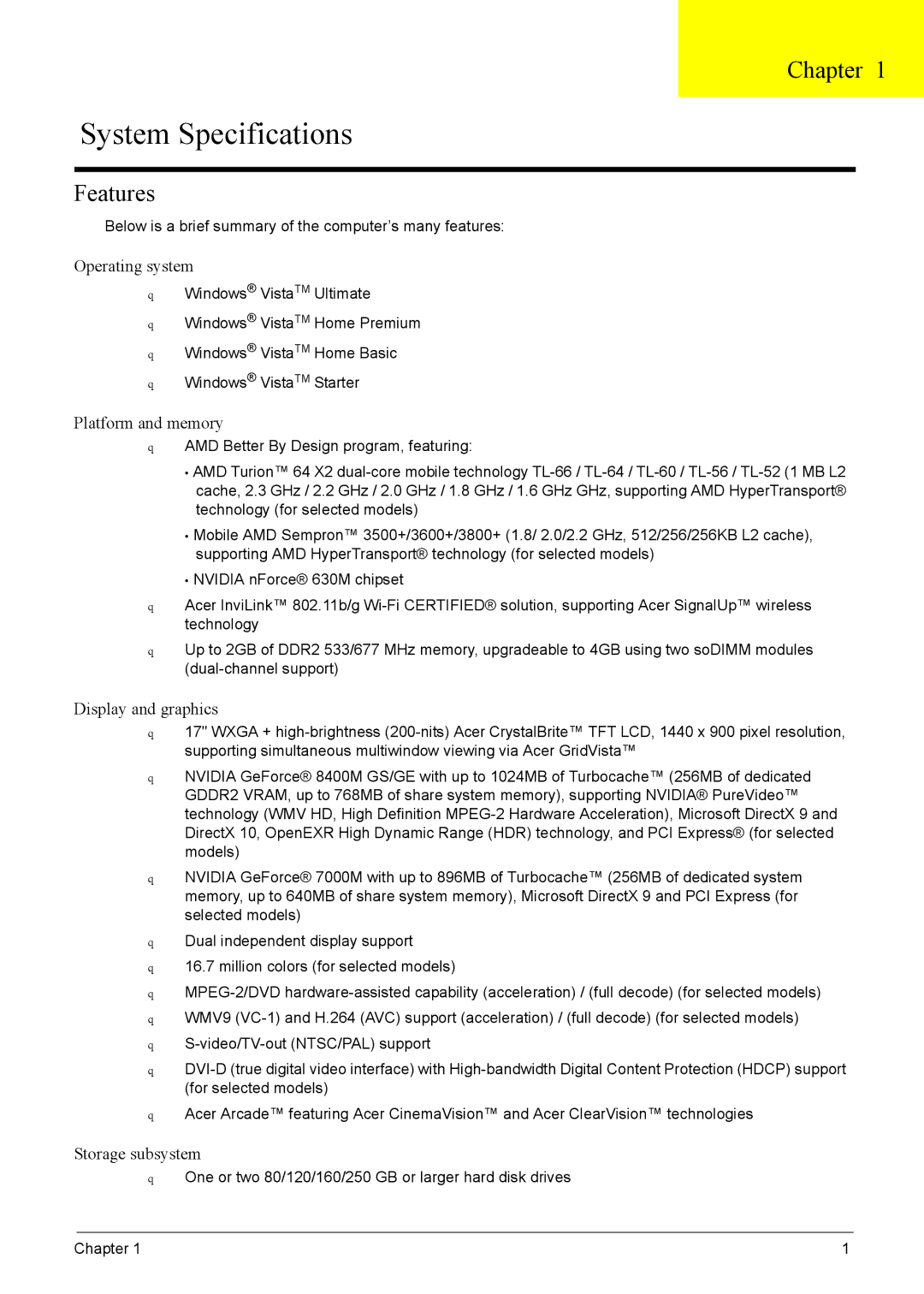 Acer 7220, 7520 manual System Specifications, Chapter, Features 