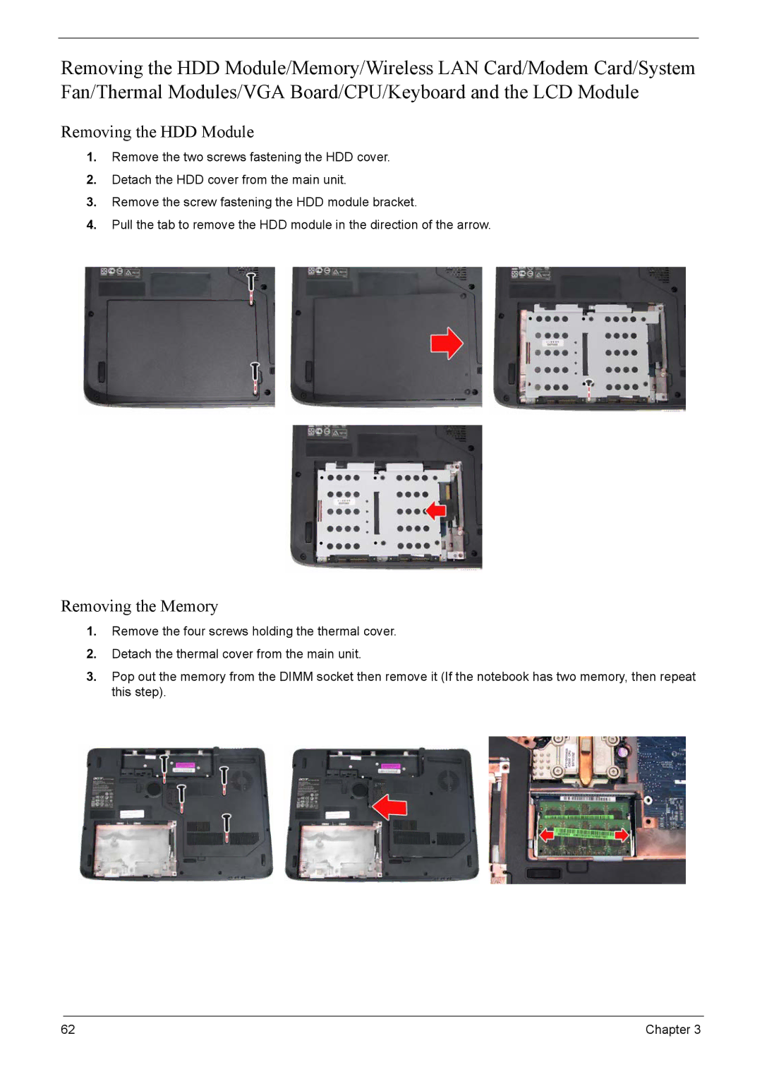 Acer 7520, 7220 manual Removing the HDD Module, Removing the Memory 